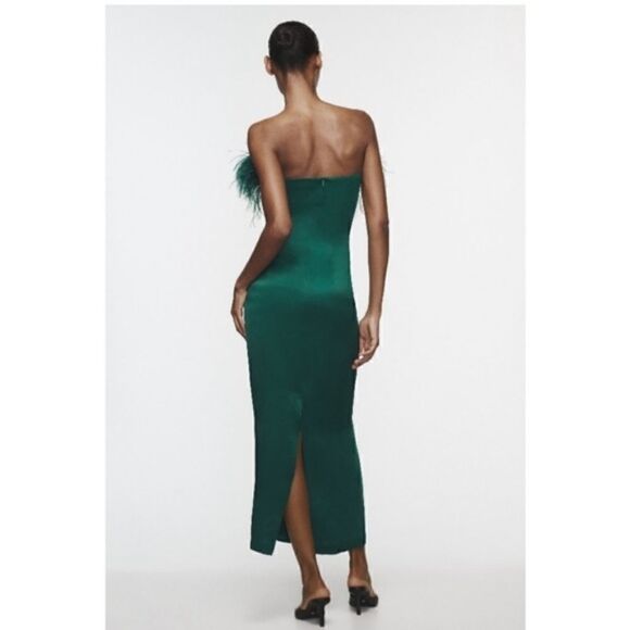 BLOGGER’S FAVE | NWT Zara - Green Feather Satin Effect Strapless Dress - Picture 12 of 16